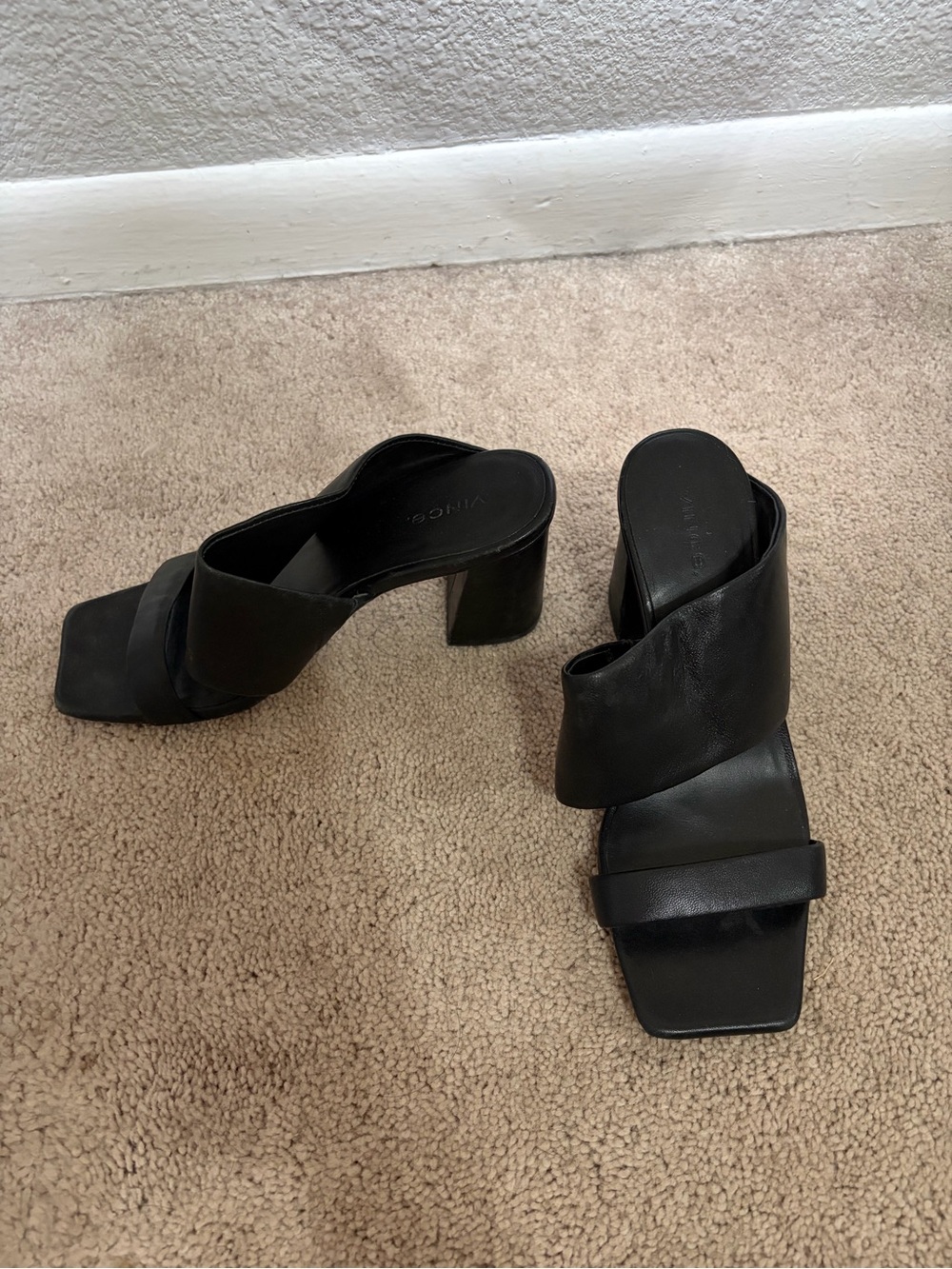 Vince Black Leather Crossover Block Heel Mules